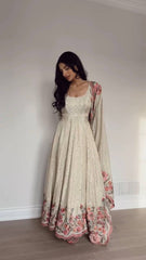 Ivory Floral Embroidered Anarkali Suit with Dupatta AllTreandy