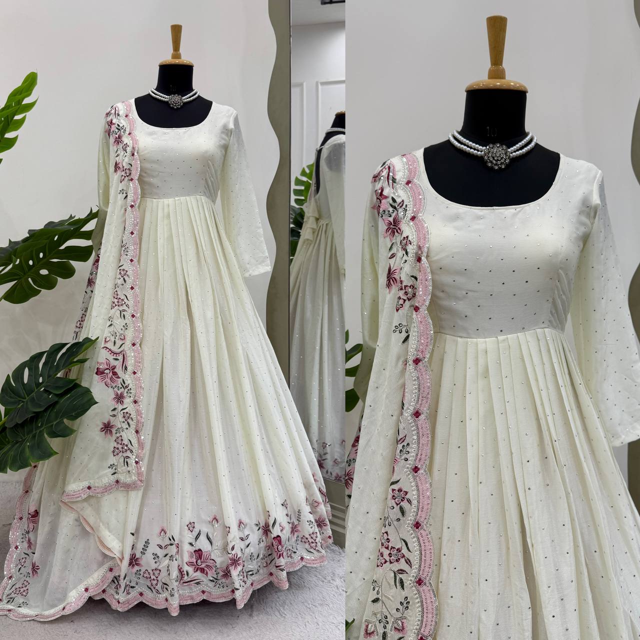 Ivory Floral Embroidered Anarkali Suit with Dupatta AllTreandy