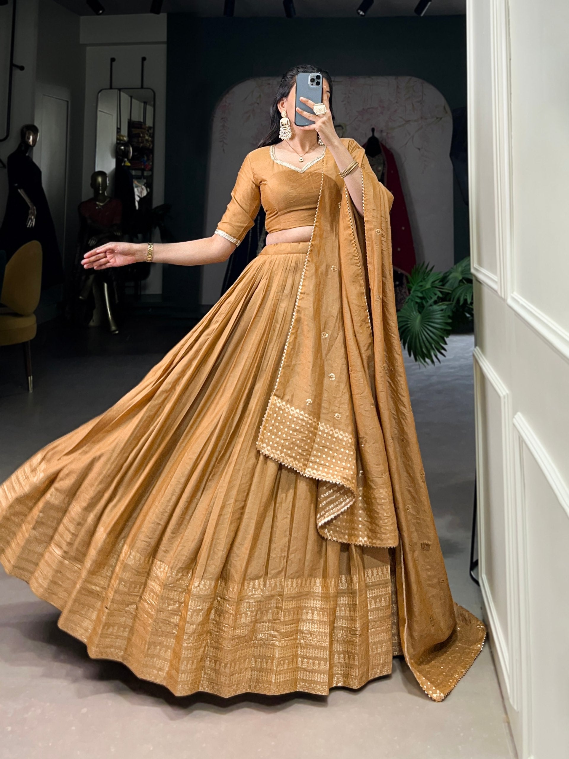 Golden Mustard Silk Lehenga with Blouse & Dupatta – Elegant Festive Wear AllTreandy