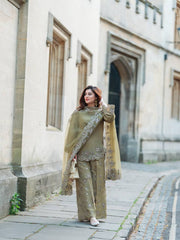 Olive Green Net Embroidered Suit with Palazzo & Dupatta AllTreandy