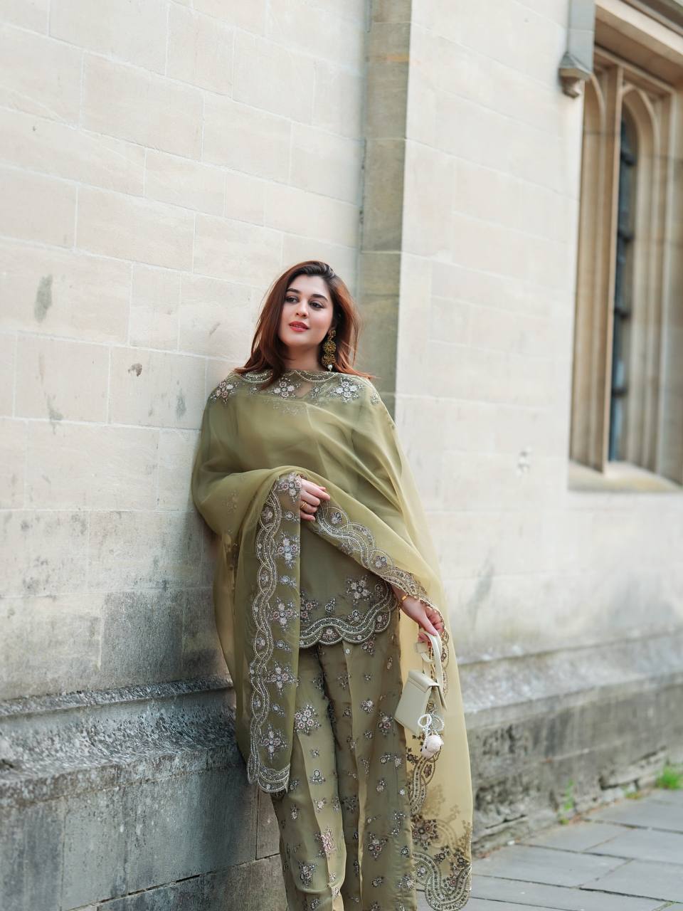 Olive Green Net Embroidered Suit with Palazzo & Dupatta AllTreandy