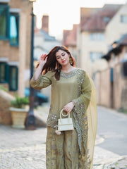 Olive Green Net Embroidered Suit with Palazzo & Dupatta AllTreandy