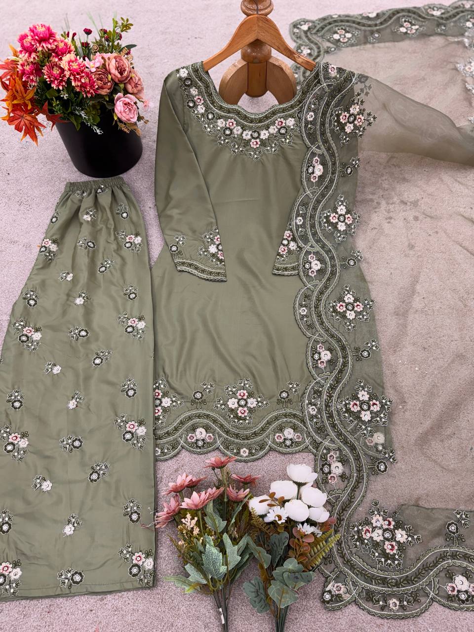 Olive Green Net Embroidered Suit with Palazzo & Dupatta AllTreandy