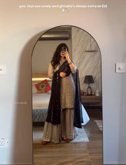 Taupe Grey Embroidered Sharara Suit with Black Dupatta AllTreandy