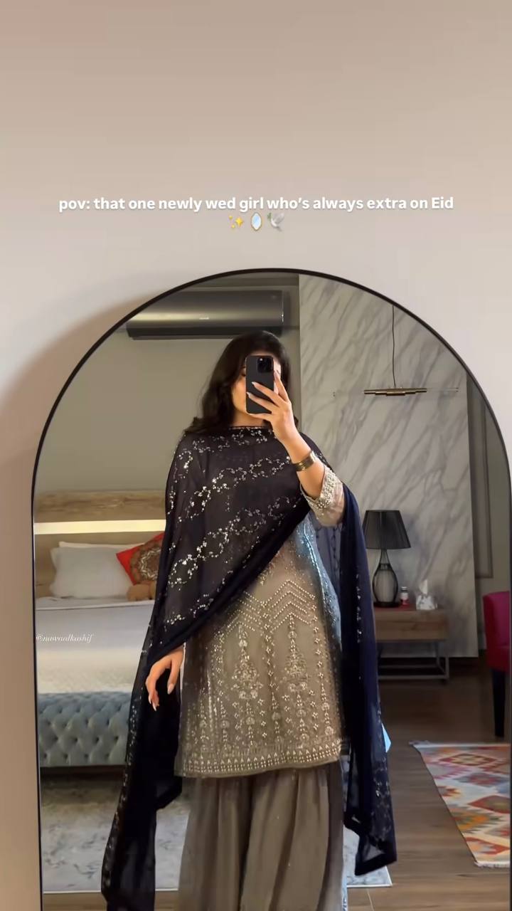 Taupe Grey Embroidered Sharara Suit with Black Dupatta AllTreandy