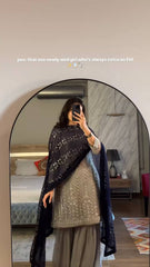 Taupe Grey Embroidered Sharara Suit with Black Dupatta AllTreandy