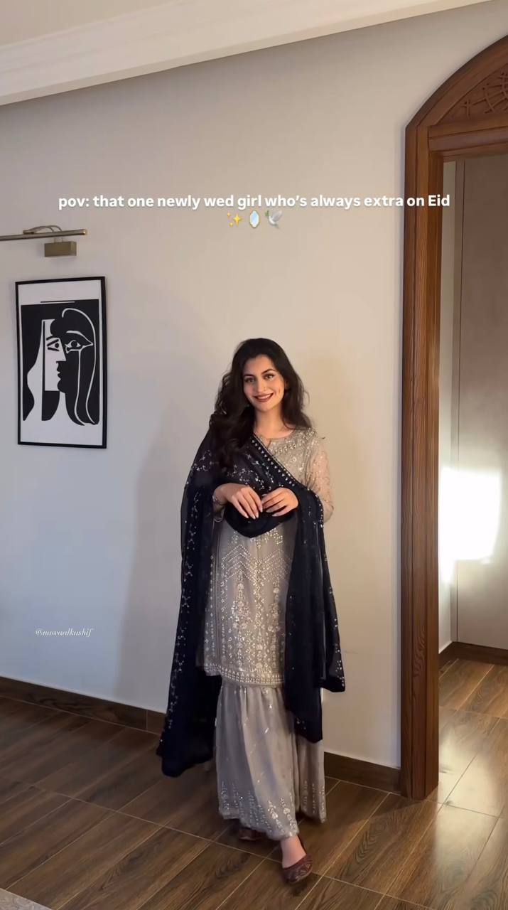 Taupe Grey Embroidered Sharara Suit with Black Dupatta AllTreandy