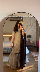 Taupe Grey Embroidered Sharara Suit with Black Dupatta AllTreandy