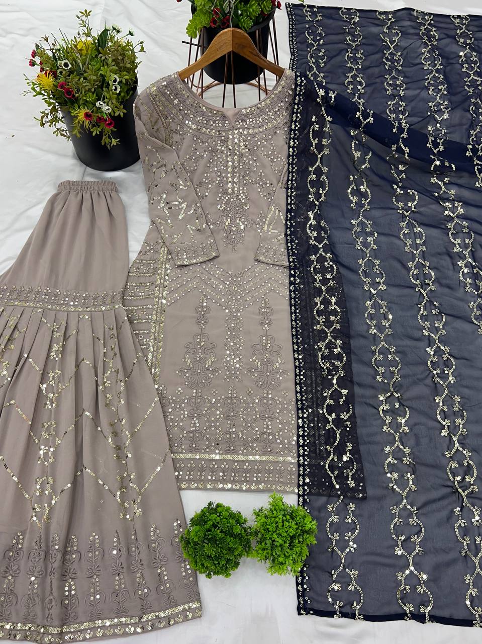Taupe Grey Embroidered Sharara Suit with Black Dupatta AllTreandy