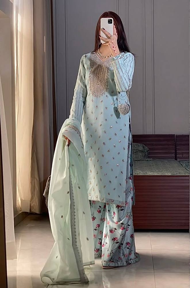 Embroidered  Top with Floral Plazzo Set (Fully Stitched) Fabric & Work Details AllTreandy