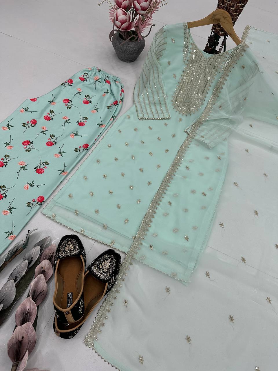 Embroidered  Top with Floral Plazzo Set (Fully Stitched) Fabric & Work Details AllTreandy