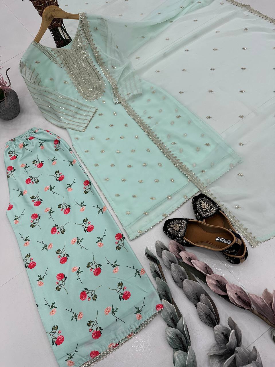 Embroidered  Top with Floral Plazzo Set (Fully Stitched) Fabric & Work Details AllTreandy