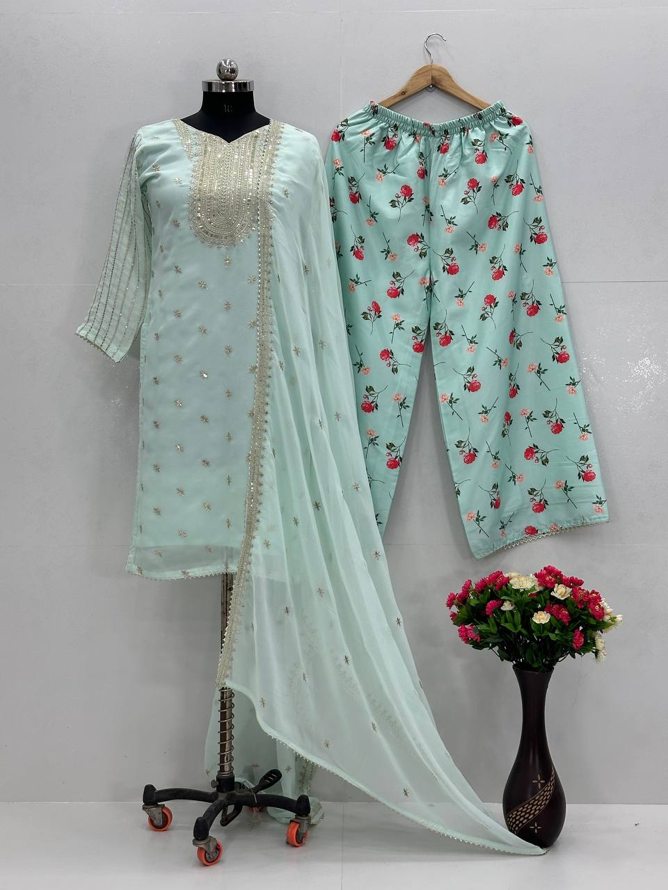 Embroidered  Top with Floral Plazzo Set (Fully Stitched) Fabric & Work Details AllTreandy