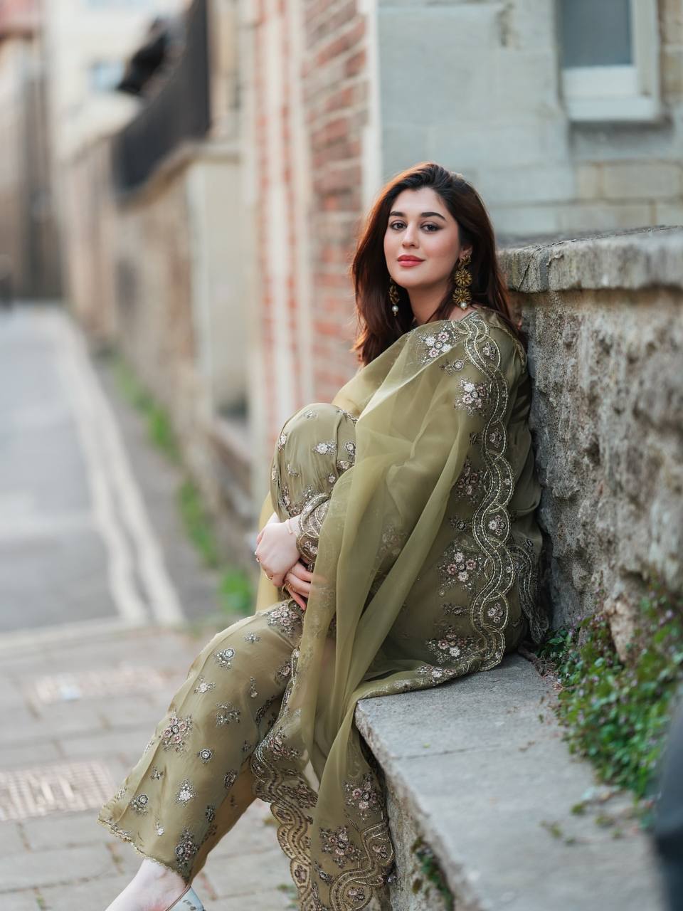 Olive Green Net Embroidered Suit with Palazzo & Dupatta AllTreandy