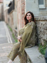 Olive Green Net Embroidered Suit with Palazzo & Dupatta AllTreandy
