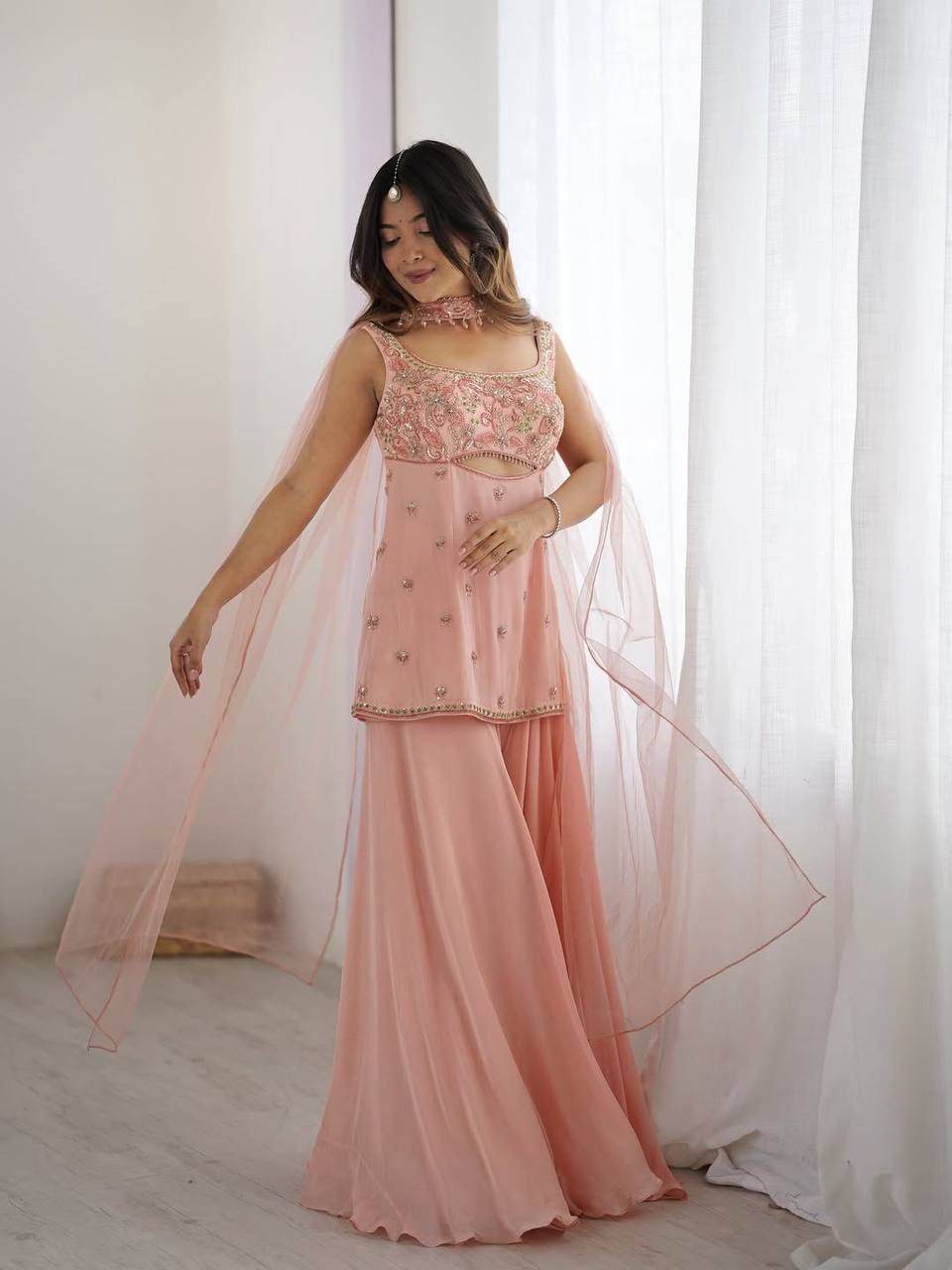 Designer Embroidered Georgette Sharara Set (Fully Stitched) Fabric & Work Details
