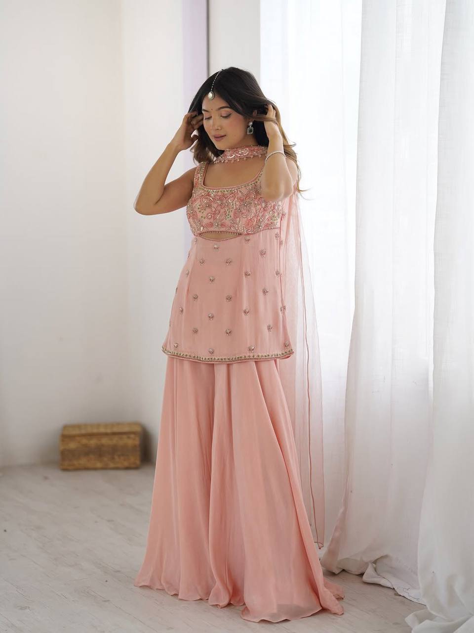 Designer Embroidered Georgette Sharara Set (Fully Stitched) Fabric & Work Details