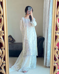 Ivory Charm: Luxury Net Embroidered Suit Set with Pearl Detailing (Fully Stitched) Fabric & Work Details AllTreandy