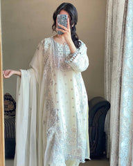 Ivory Charm: Luxury Net Embroidered Suit Set with Pearl Detailing (Fully Stitched) Fabric & Work Details AllTreandy
