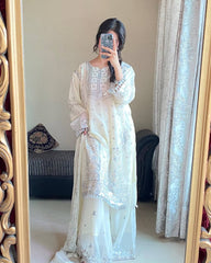 Ivory Charm: Luxury Net Embroidered Suit Set with Pearl Detailing (Fully Stitched) Fabric & Work Details AllTreandy