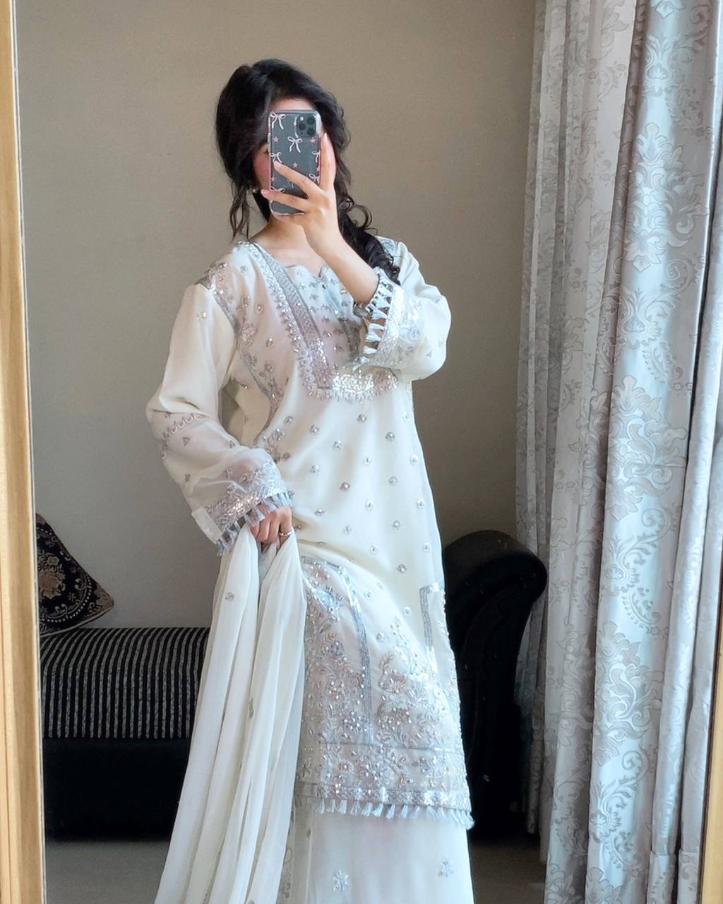 Ivory Charm: Luxury Net Embroidered Suit Set with Pearl Detailing (Fully Stitched) Fabric & Work Details AllTreandy