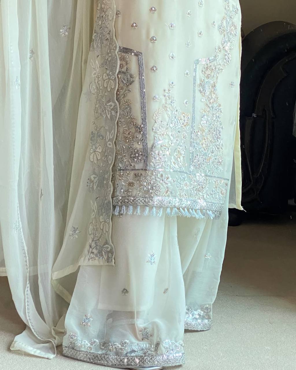 Ivory Charm: Luxury Net Embroidered Suit Set with Pearl Detailing (Fully Stitched) Fabric & Work Details AllTreandy