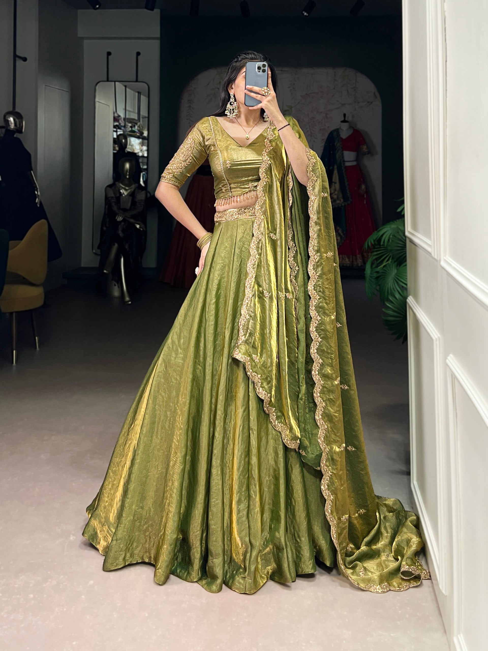 Olive Green Silk Lehenga Set with Embroidered Dupatta AllTreandy