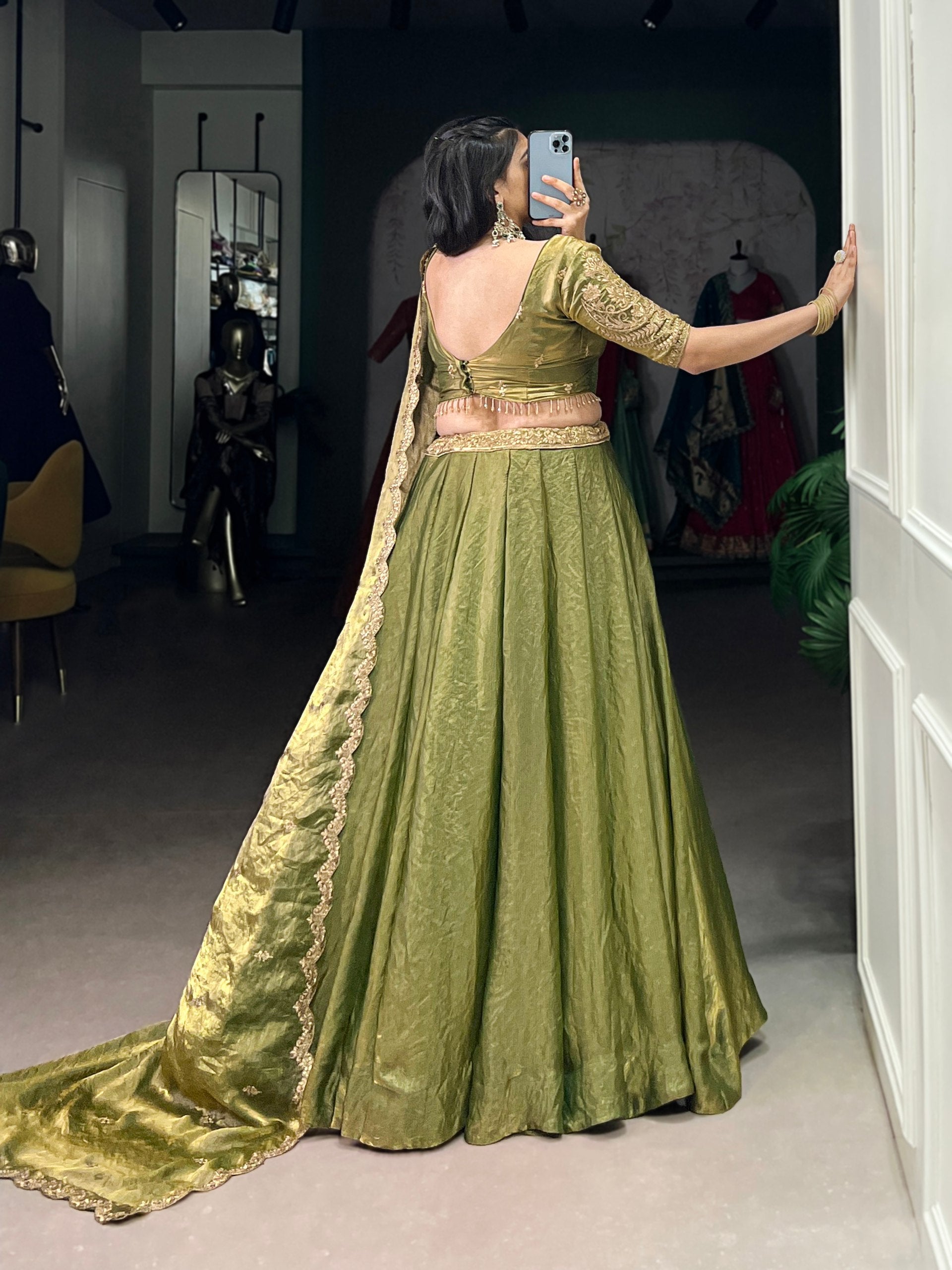 Olive Green Silk Lehenga Set with Embroidered Dupatta AllTreandy