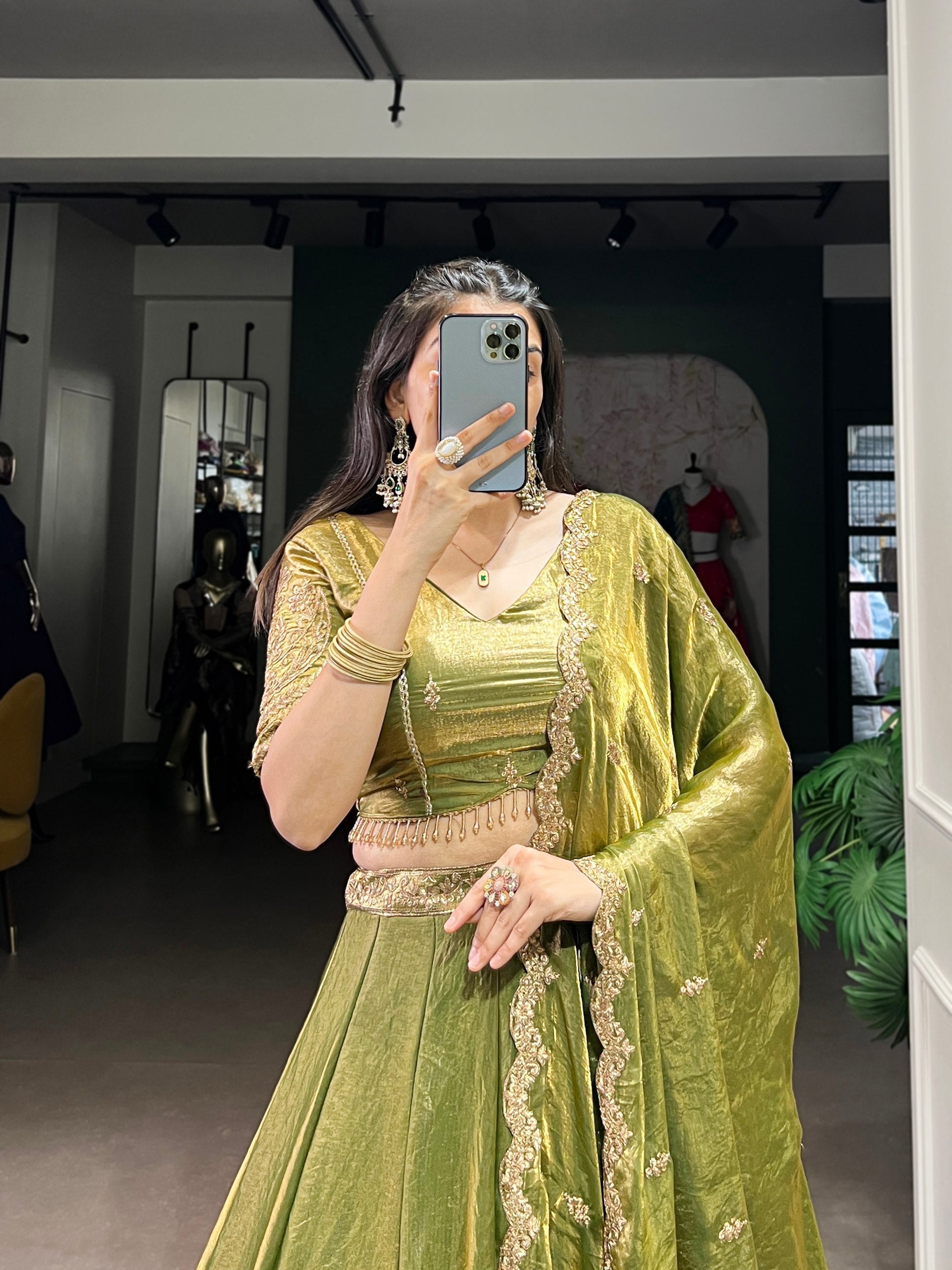 Olive Green Silk Lehenga Set with Embroidered Dupatta AllTreandy