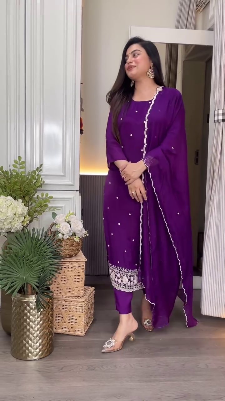Royal Radiance: Deep Purple Mirror Work Suit Set (Fully Stitched)