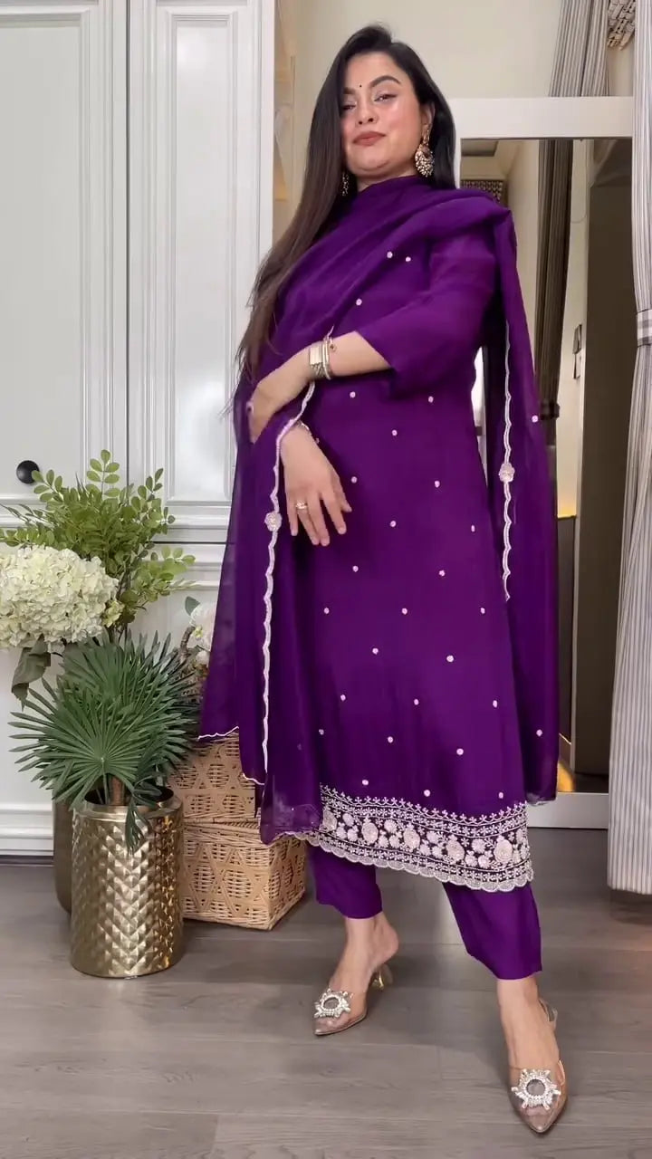 Royal Radiance: Deep Purple Mirror Work Suit Set (Fully Stitched) AllTreandy