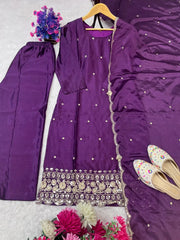 Royal Radiance: Deep Purple Mirror Work Suit Set (Fully Stitched) AllTreandy