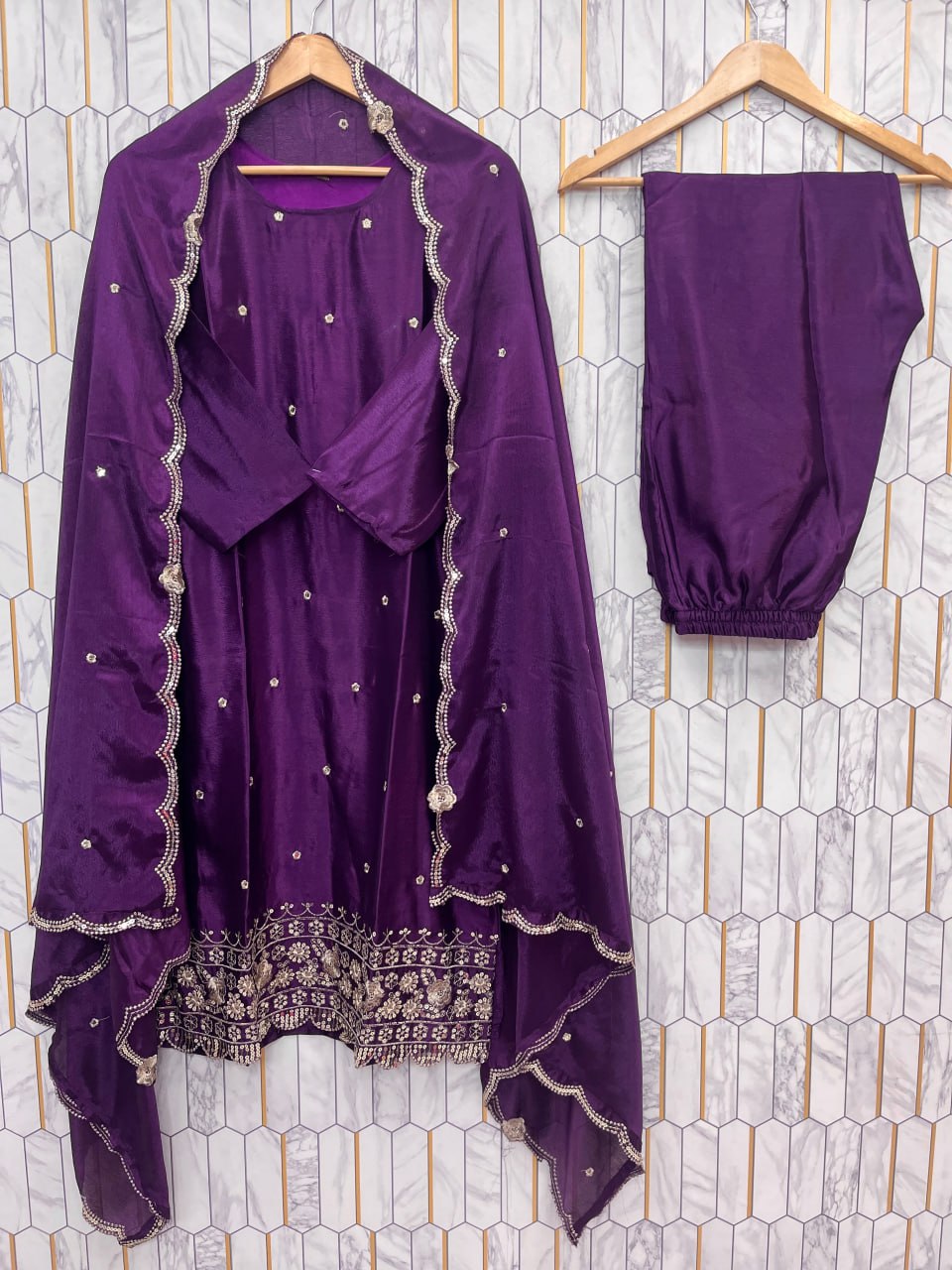 Royal Radiance: Deep Purple Mirror Work Suit Set (Fully Stitched) AllTreandy