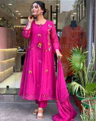 New Launch: Designer Magenta Embroidered Kurti Pant Dupatta Set (Fully Stitched) AllTreandy