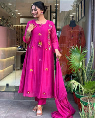 New Launch: Designer Magenta Embroidered Kurti Pant Dupatta Set (Fully Stitched) AllTreandy