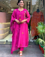 New Launch: Designer Magenta Embroidered Kurti Pant Dupatta Set (Fully Stitched) AllTreandy