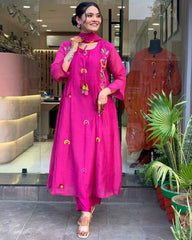 New Launch: Designer Magenta Embroidered Kurti Pant Dupatta Set (Fully Stitched) AllTreandy