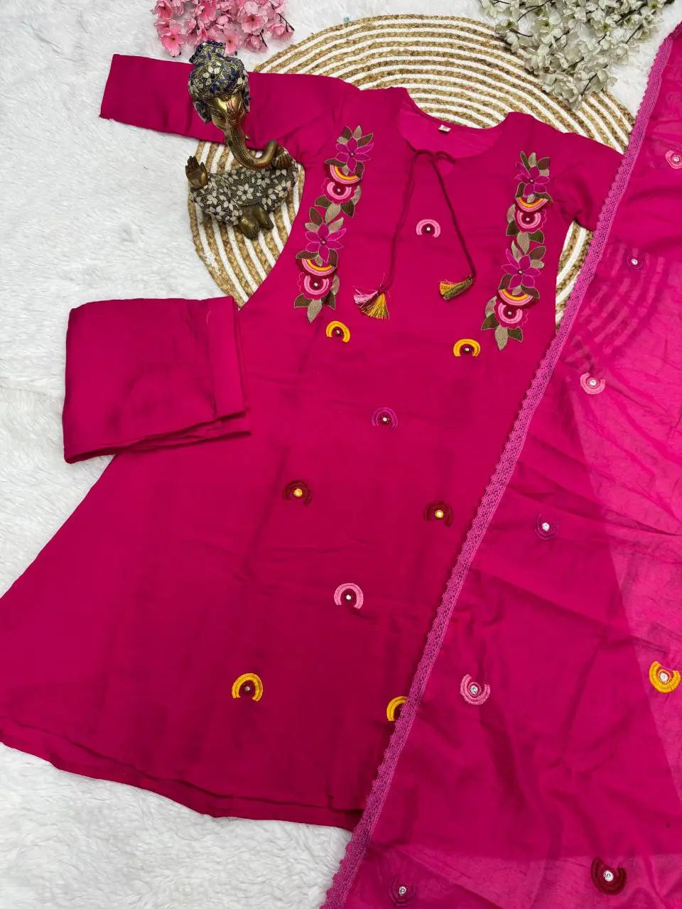 New Launch: Designer Magenta Embroidered Kurti Pant Dupatta Set (Fully Stitched) AllTreandy