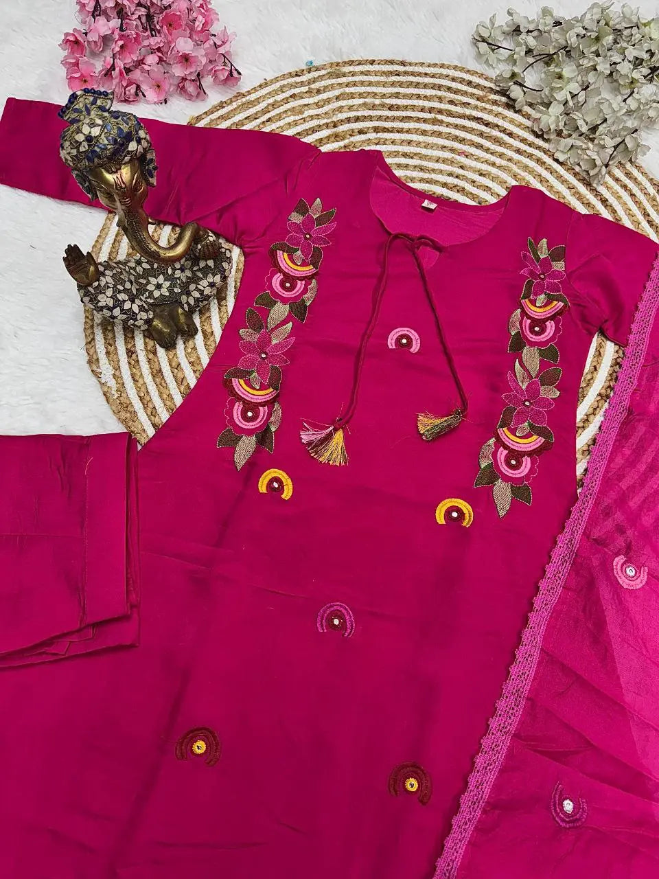 New Launch: Designer Magenta Embroidered Kurti Pant Dupatta Set (Fully Stitched) AllTreandy