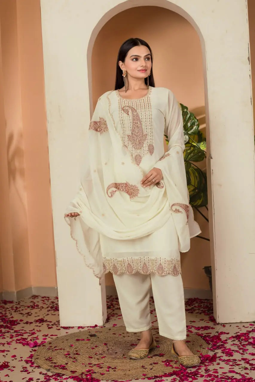 Subtle Sophistication: Cream Embroidered Suit Set with Dupatta AllTreandy