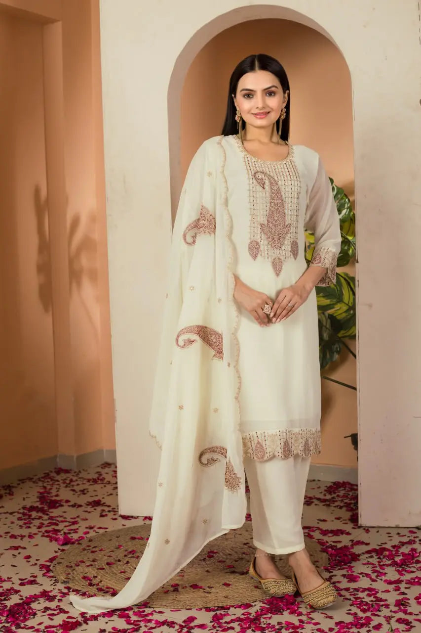 Subtle Sophistication: Cream Embroidered Suit Set with Dupatta AllTreandy