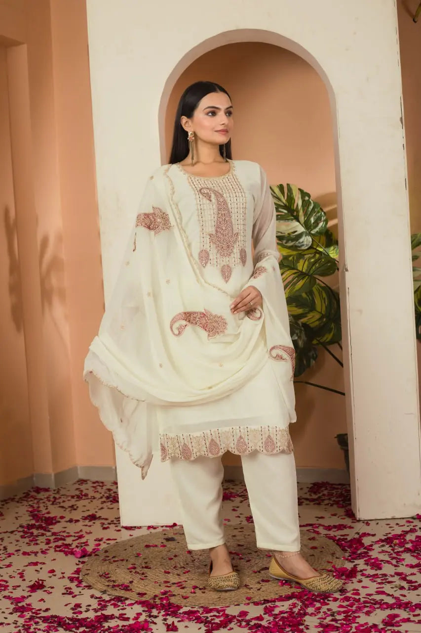 Subtle Sophistication: Cream Embroidered Suit Set with Dupatta AllTreandy