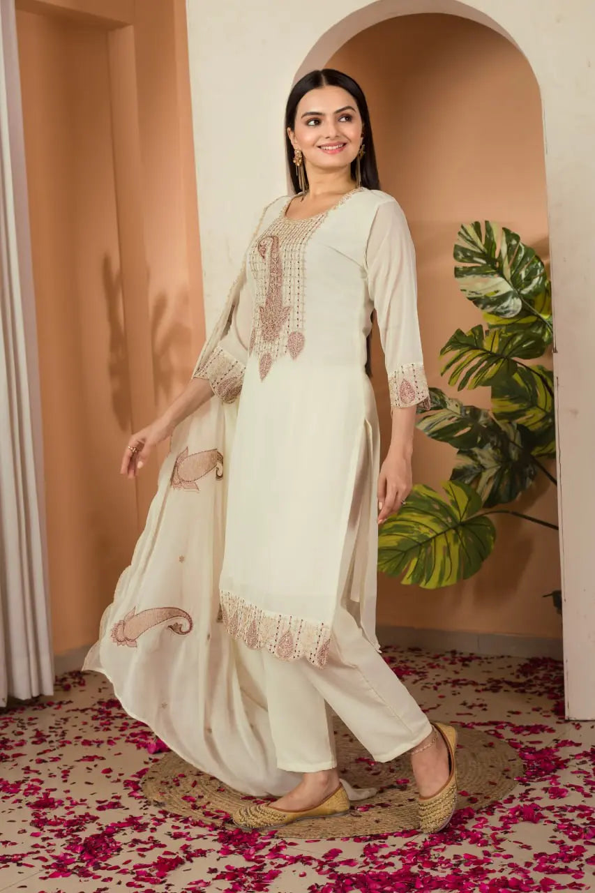 Subtle Sophistication: Cream Embroidered Suit Set with Dupatta AllTreandy