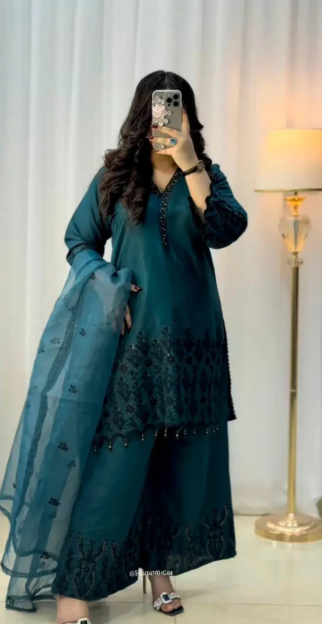 Elegant Teal Embroidered Kurta Set – 3 Piece AllTreandy