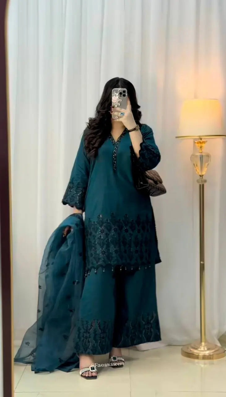 Elegant Teal Embroidered Kurta Set – 3 Piece AllTreandy