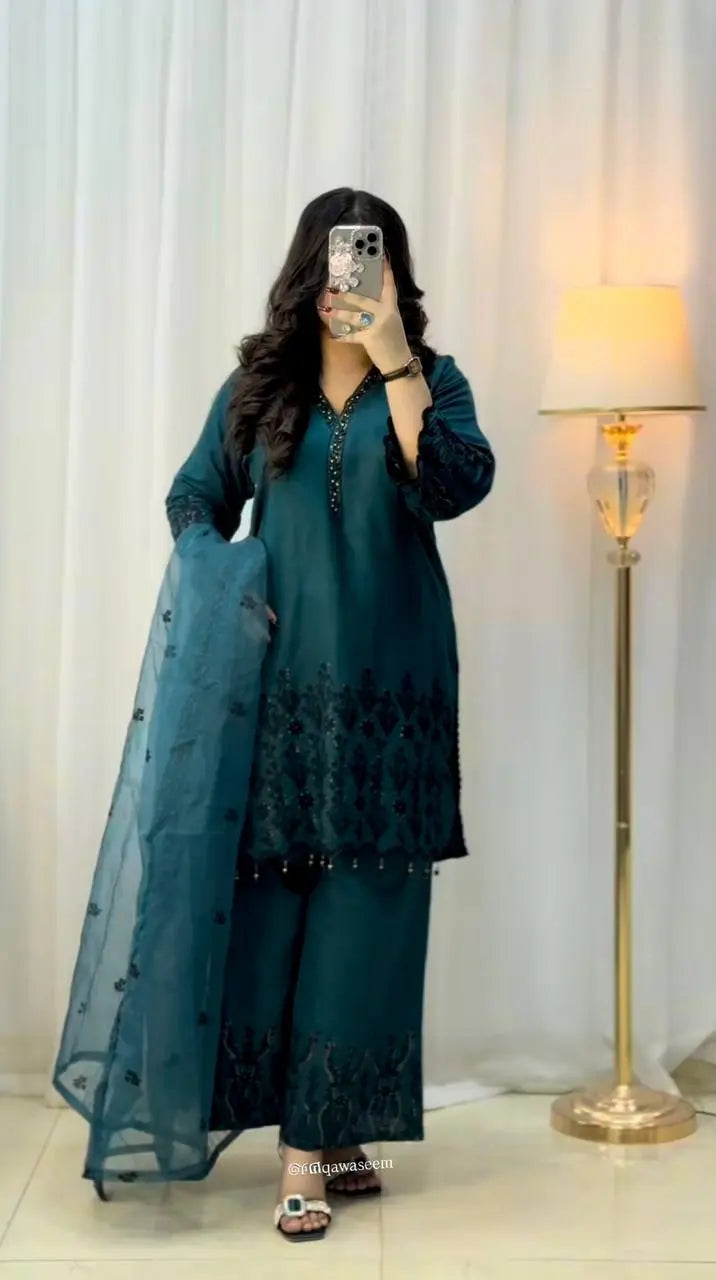 Elegant Teal Embroidered Kurta Set – 3 Piece AllTreandy