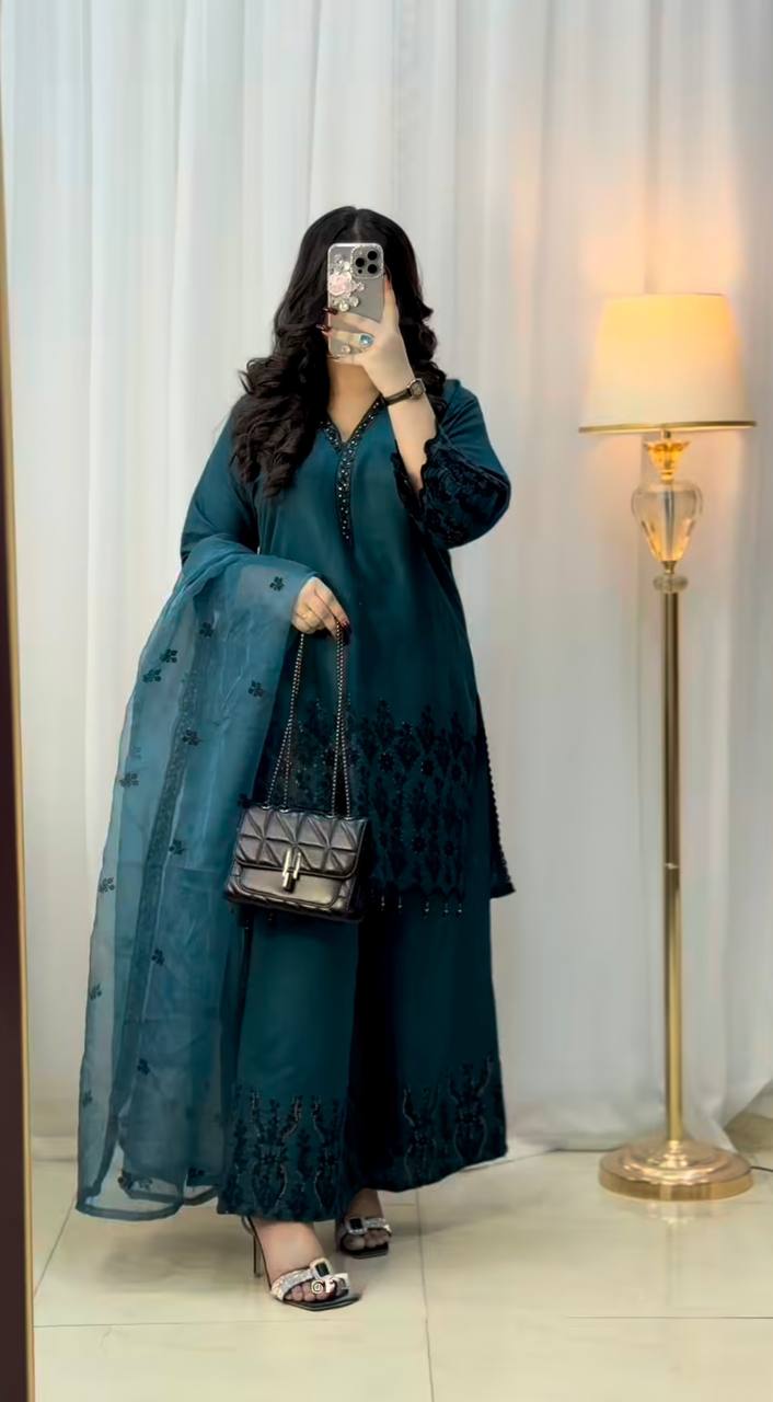 Elegant Teal Embroidered Kurta Set – 3 Piece