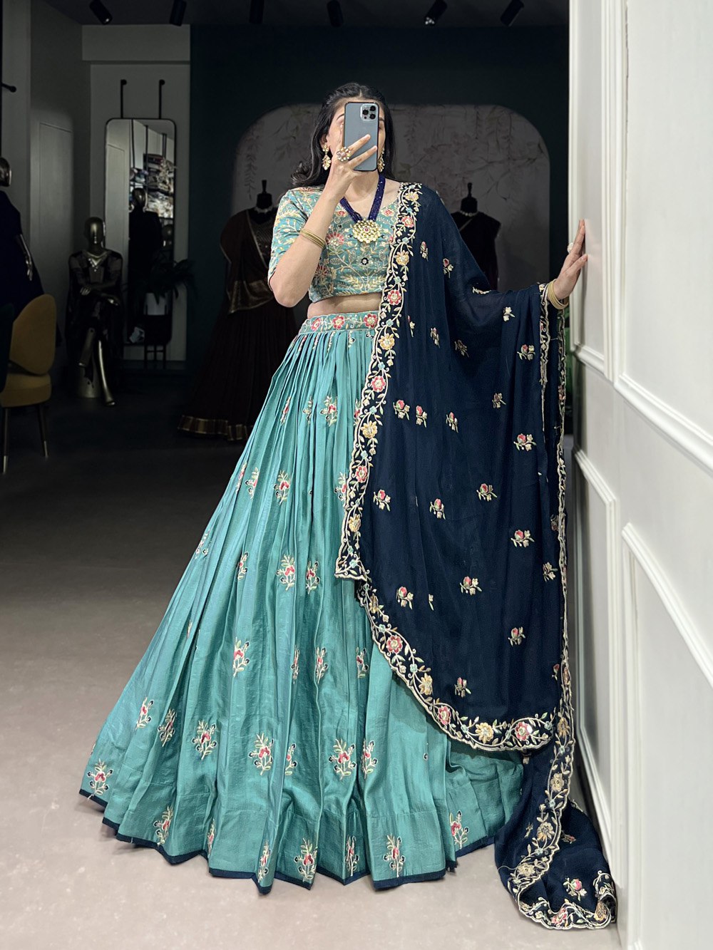 Teal Green Embroidered Lehenga Set with Navy Blue Dupatta AllTreandy