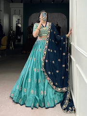 Teal Green Embroidered Lehenga Set with Navy Blue Dupatta AllTreandy