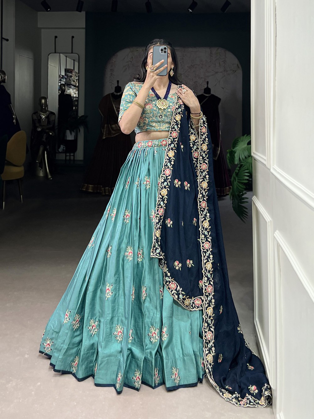 Teal Green Embroidered Lehenga Set with Navy Blue Dupatta AllTreandy